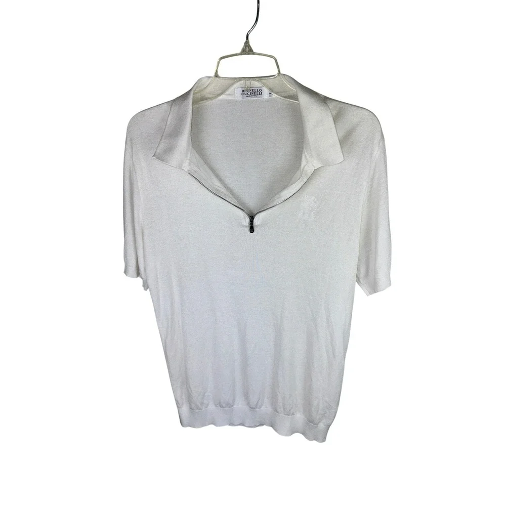 Brunello Cucinelli Mens White 100% Silk Quarter Zip Short Sleeve Knit Polo Large